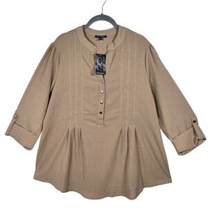 Ava & Grace Woman Tan Textured Roll Tab Sleeve Blouse Plus‎ 1X Light Earthy NEW
